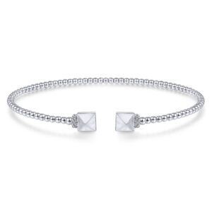 14K White Gold Bujukan Split Cuff Bracelet with Pyramid and Diamond Caps